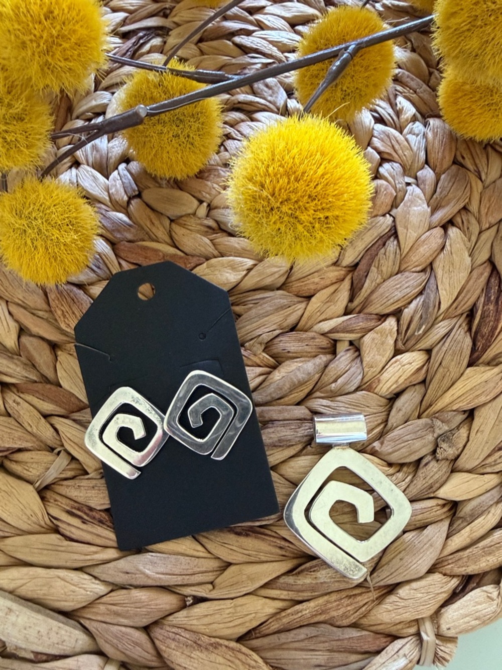 Sterling Silver Spiral Square Earrings and Pendant Set - Women Accessories